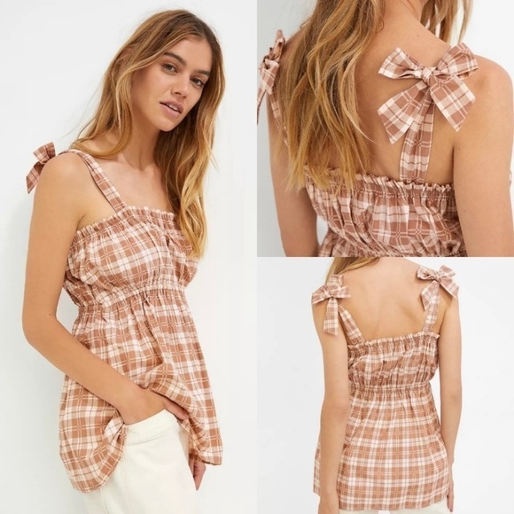 Faithfull the Brand Tank Top Moretta Tie Strap in Lori Check Print Plaid S - Picture 1 of 12